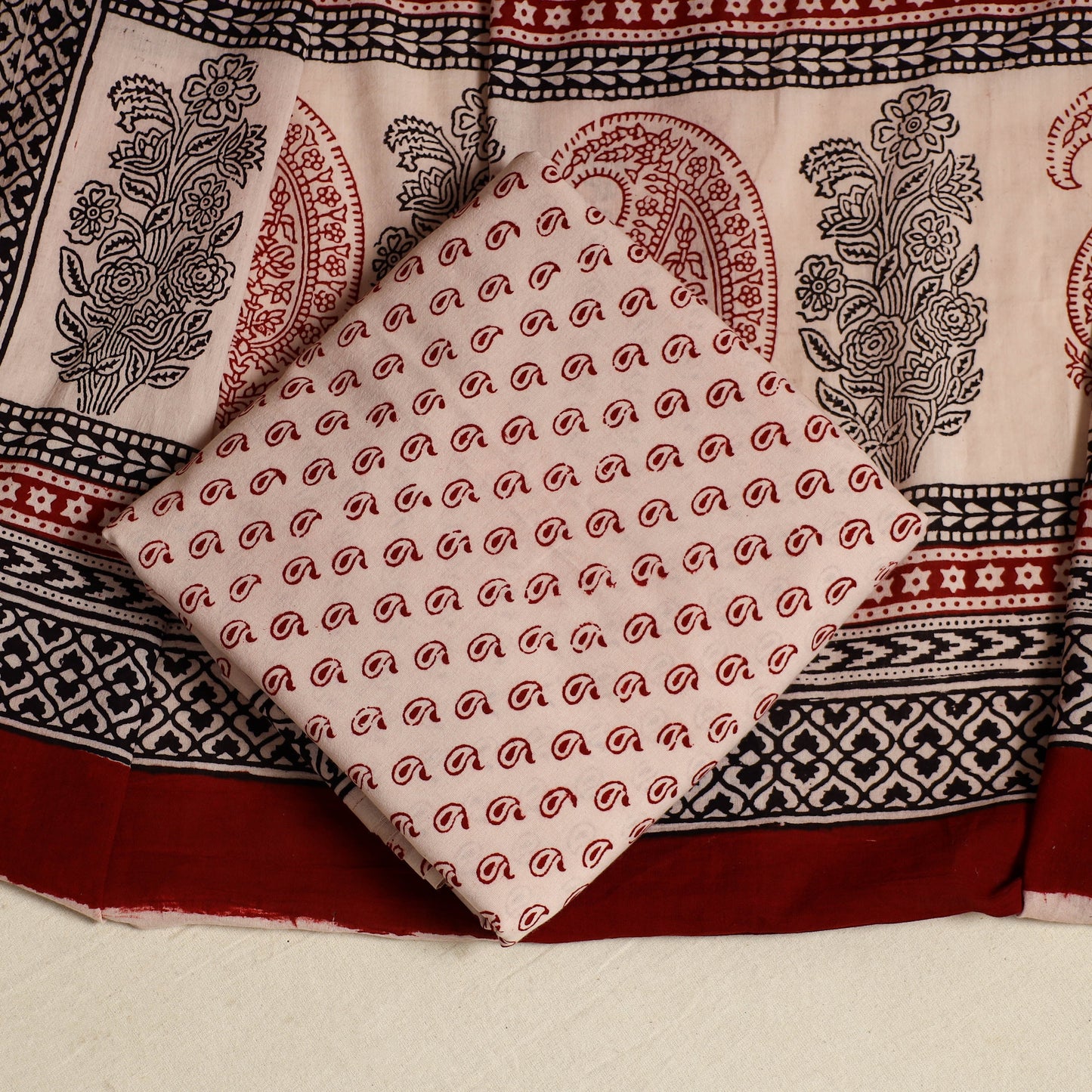 Red 3pc Bagh Print Cotton Dress Material Set