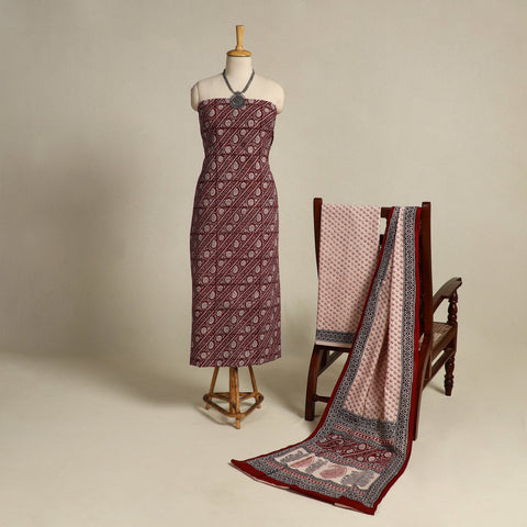 Red 3pc Bagh Print Cotton Dress Material Set