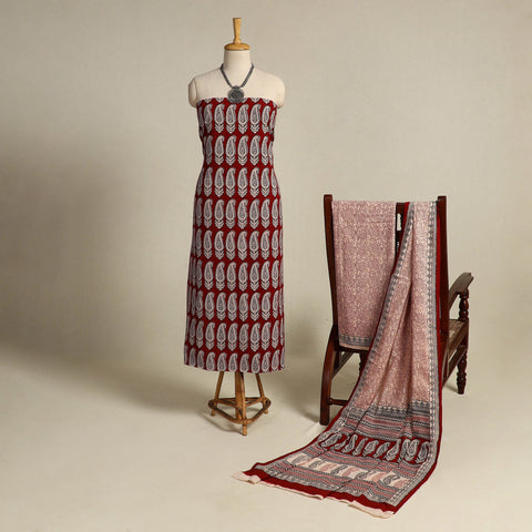 Red 3pc Bagh Print Cotton Dress Material Set