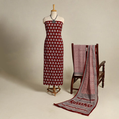 Red 3pc Bagh Print Cotton Dress Material Set