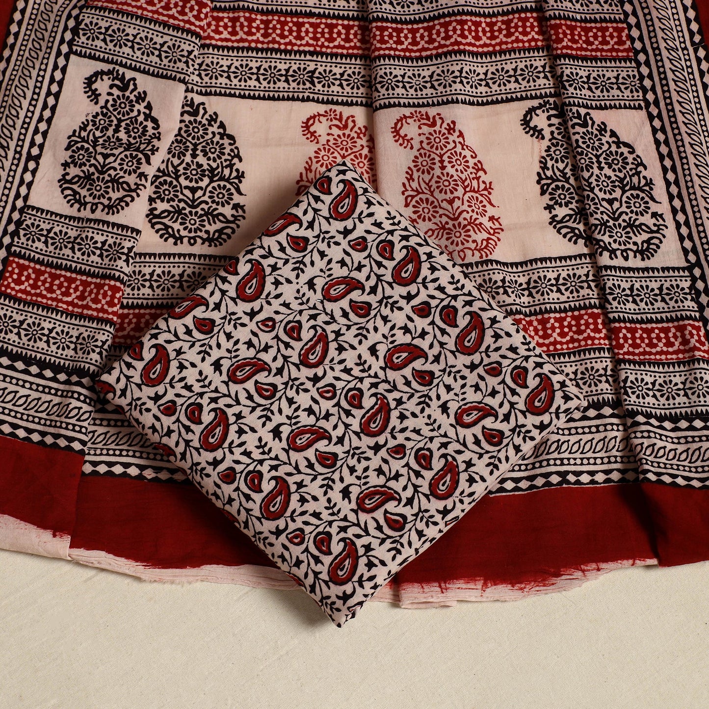 Red 3pc Bagh Print Cotton Dress Material Set