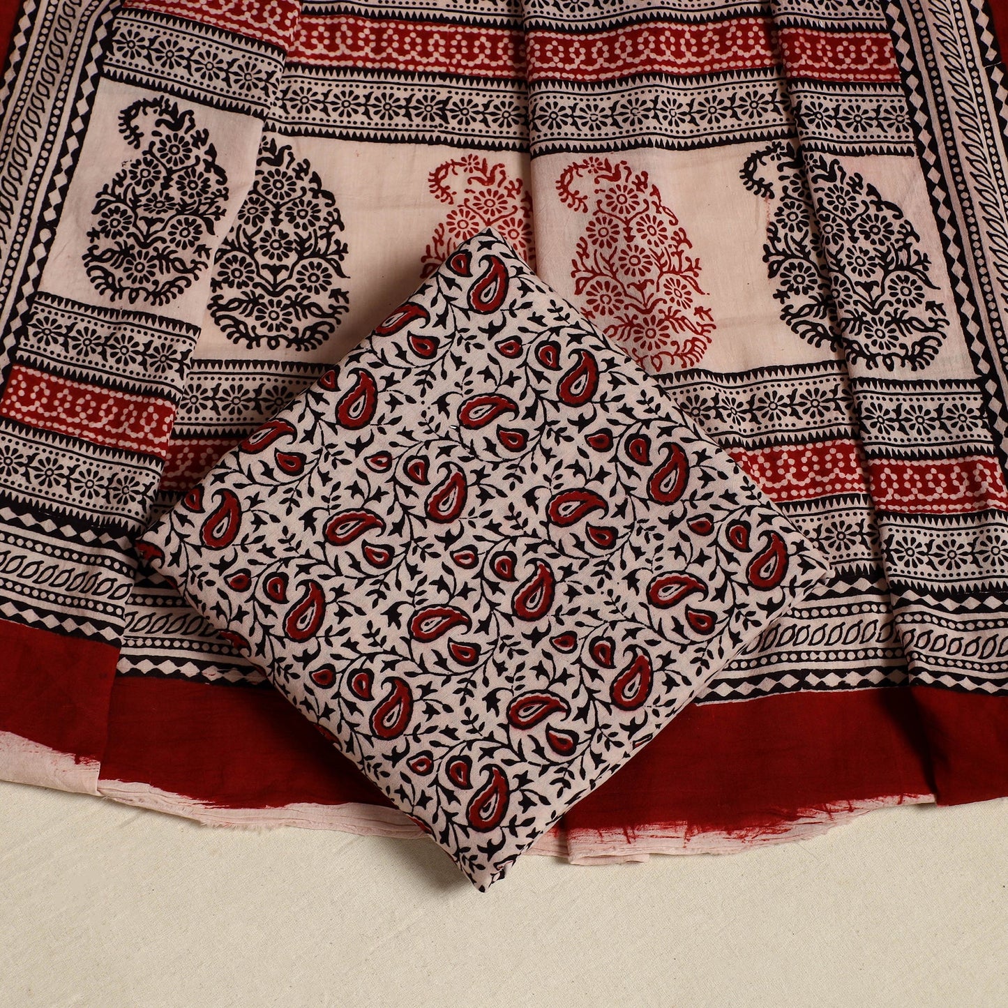 Red 3pc Bagh Print Cotton Dress Material Set