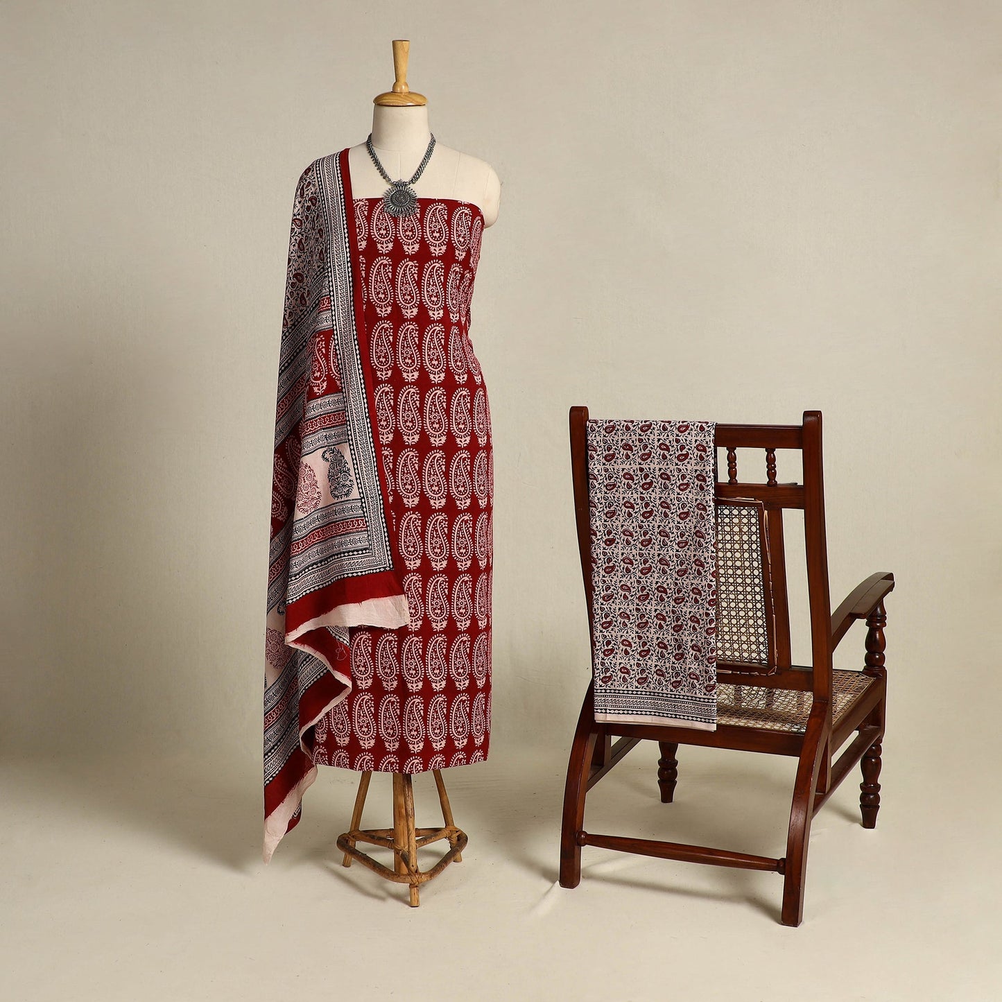 Red 3pc Bagh Print Cotton Dress Material Set