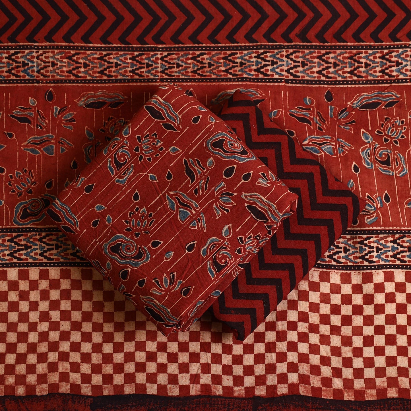 Buy 3pc Red Block Print Cotton Ajrakh Dress Material