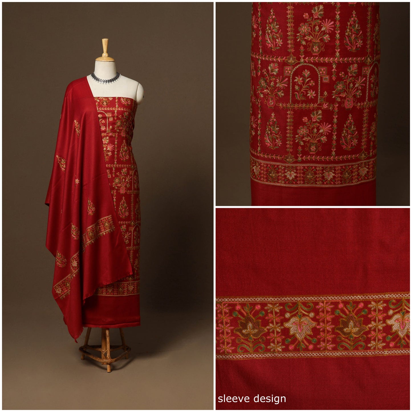 Red - 3pc chain stitch aari hand embroidered merino wool