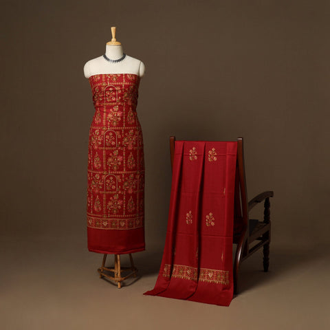 Red - 3pc chain stitch aari hand embroidered merino wool