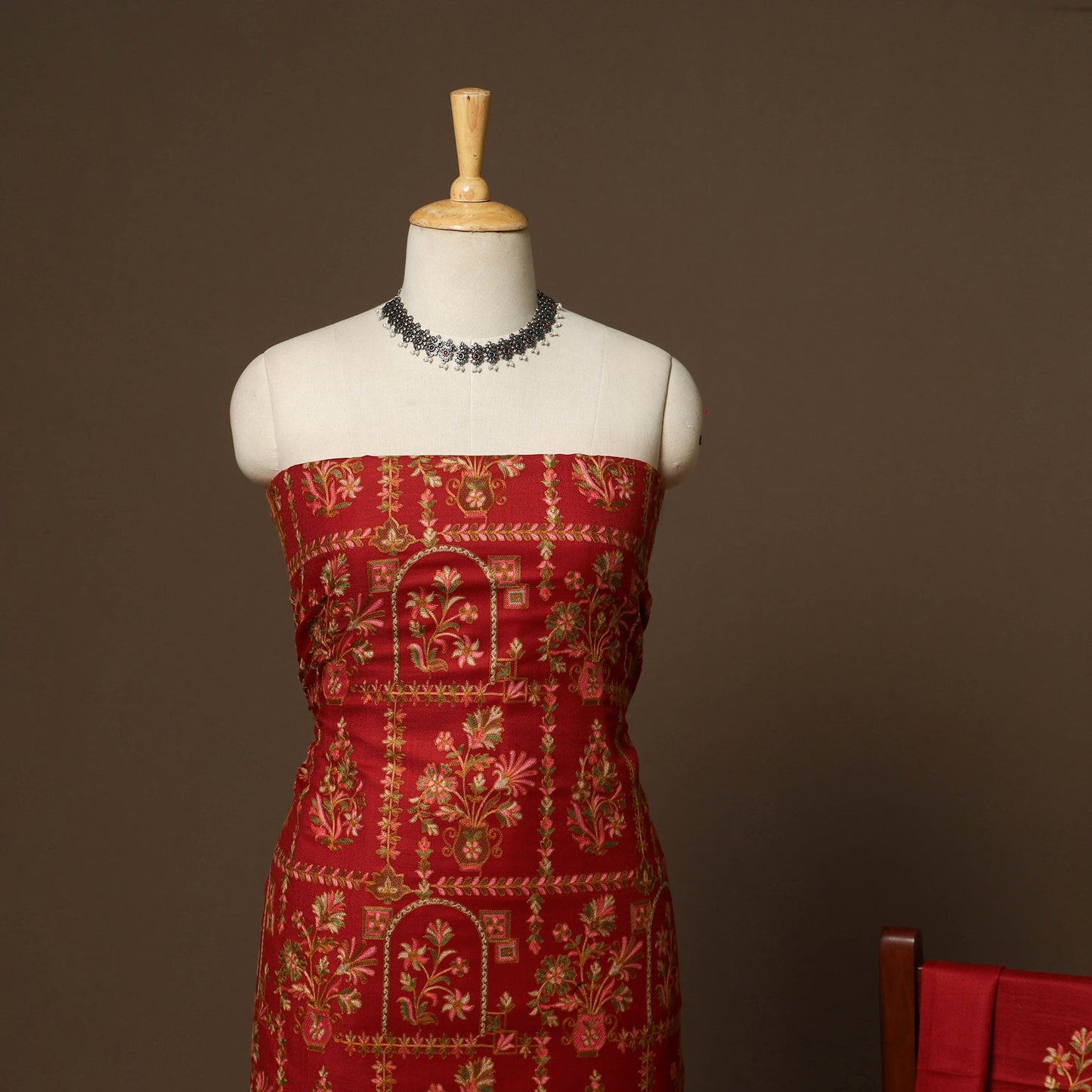 Red - 3pc chain stitch aari hand embroidered merino wool