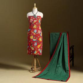Red 3pc Chanderi Silk Handpainted Kalamkari Dress Material