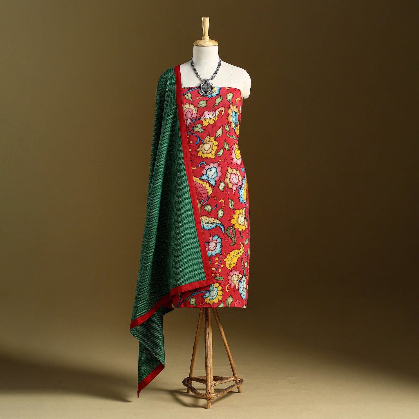 Red 3pc Chanderi Silk Handpainted Kalamkari Dress Material