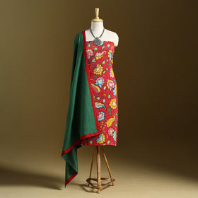Red 3pc Chanderi Silk Handpainted Kalamkari Dress Material
