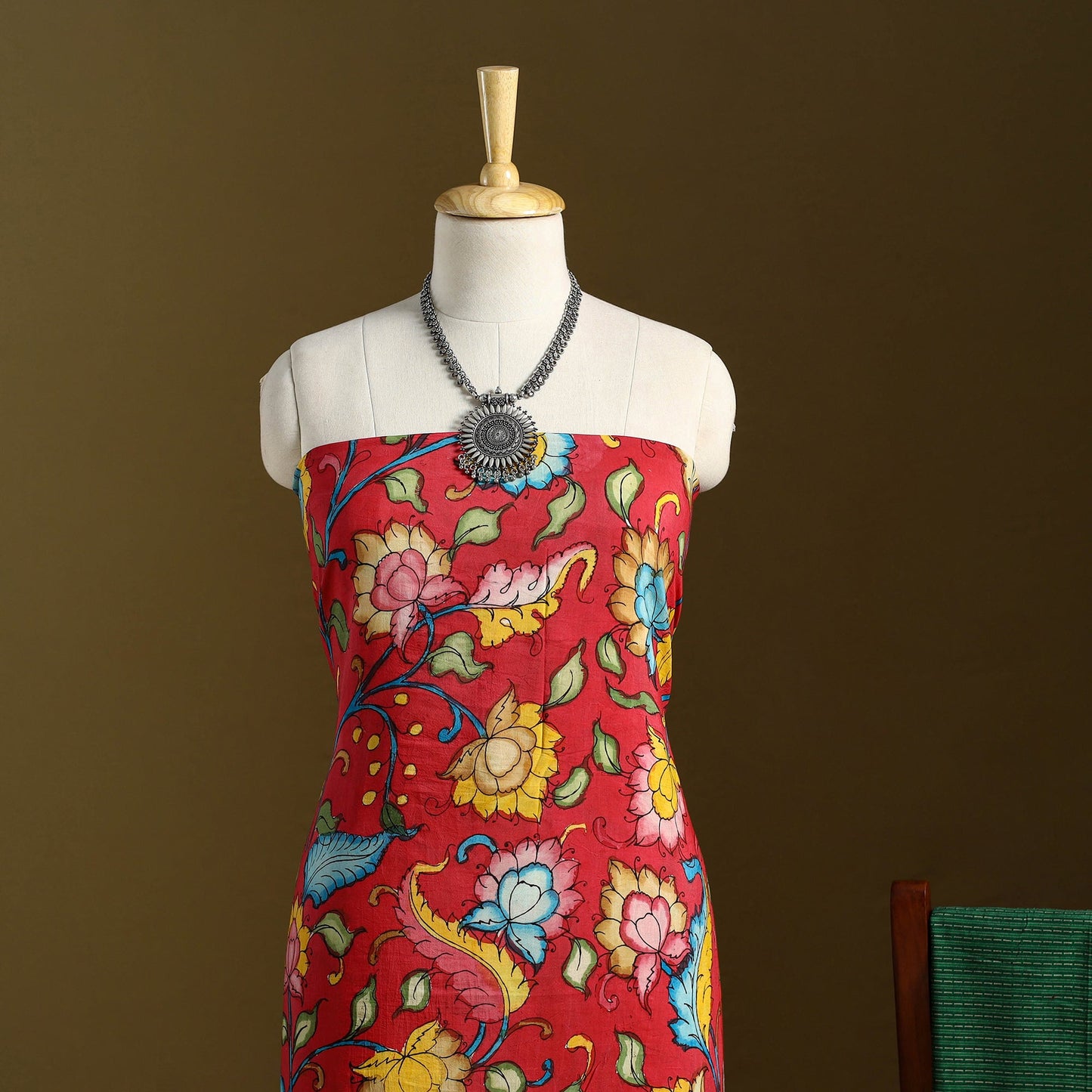 Red 3pc Chanderi Silk Handpainted Kalamkari Dress Material