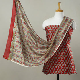 Red 3pc Chanderi Silk Sanganeri Print Dress Material
