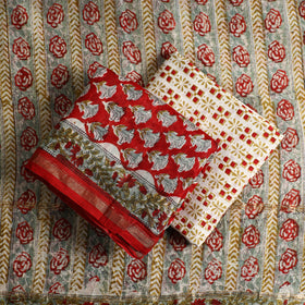 Red 3pc Chanderi Silk Sanganeri Print Dress Material