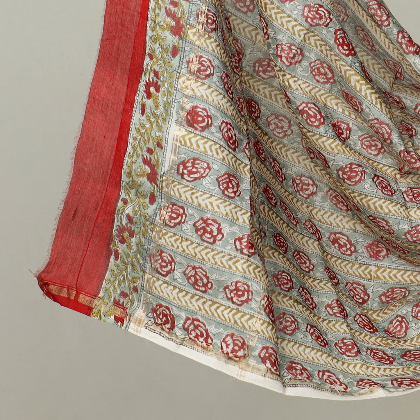 Red 3pc Chanderi Silk Sanganeri Print Dress Material