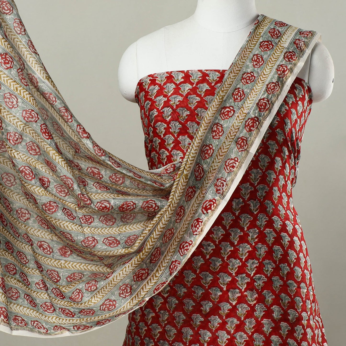 Red 3pc Chanderi Silk Sanganeri Print Dress Material