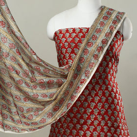 Red 3pc Chanderi Silk Sanganeri Print Dress Material