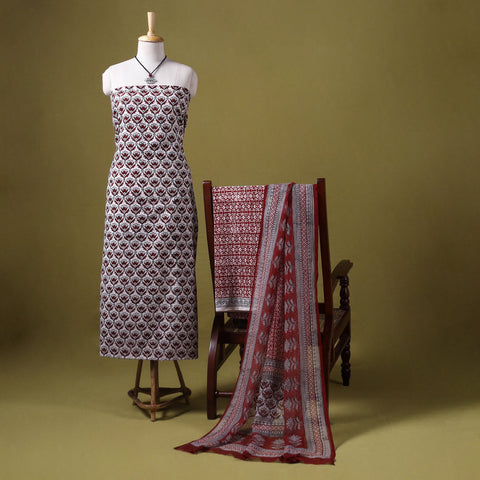 Red 3pc Cotton Bagh Print Dress Material with Jewellery Set 