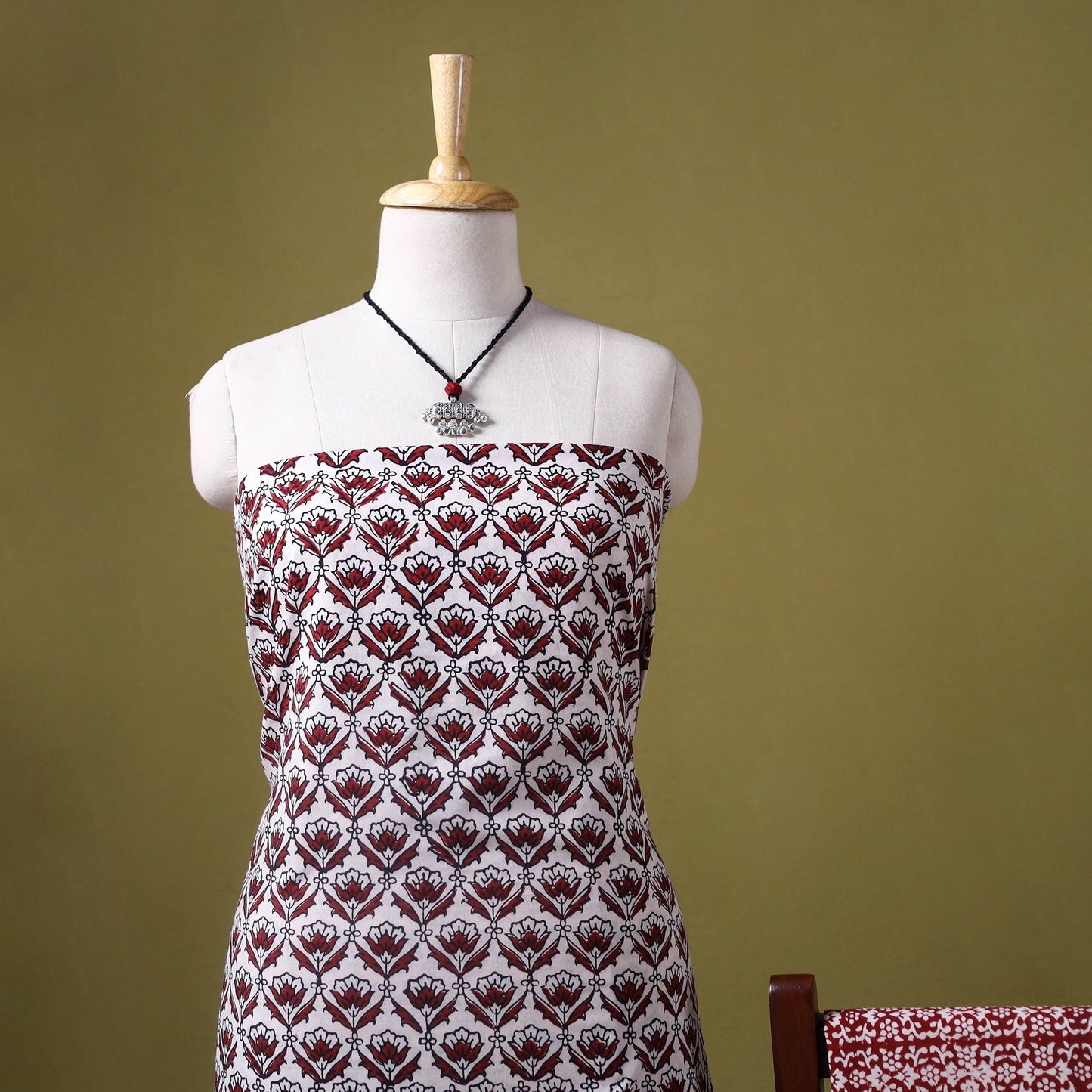 Red 3pc Cotton Bagh Print Dress Material with Jewellery Set 