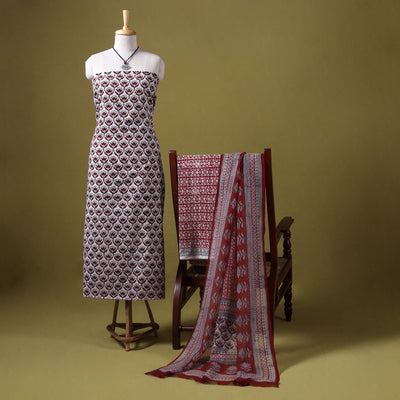 Red 3pc Cotton Bagh Print Dress Material with Jewellery Set 