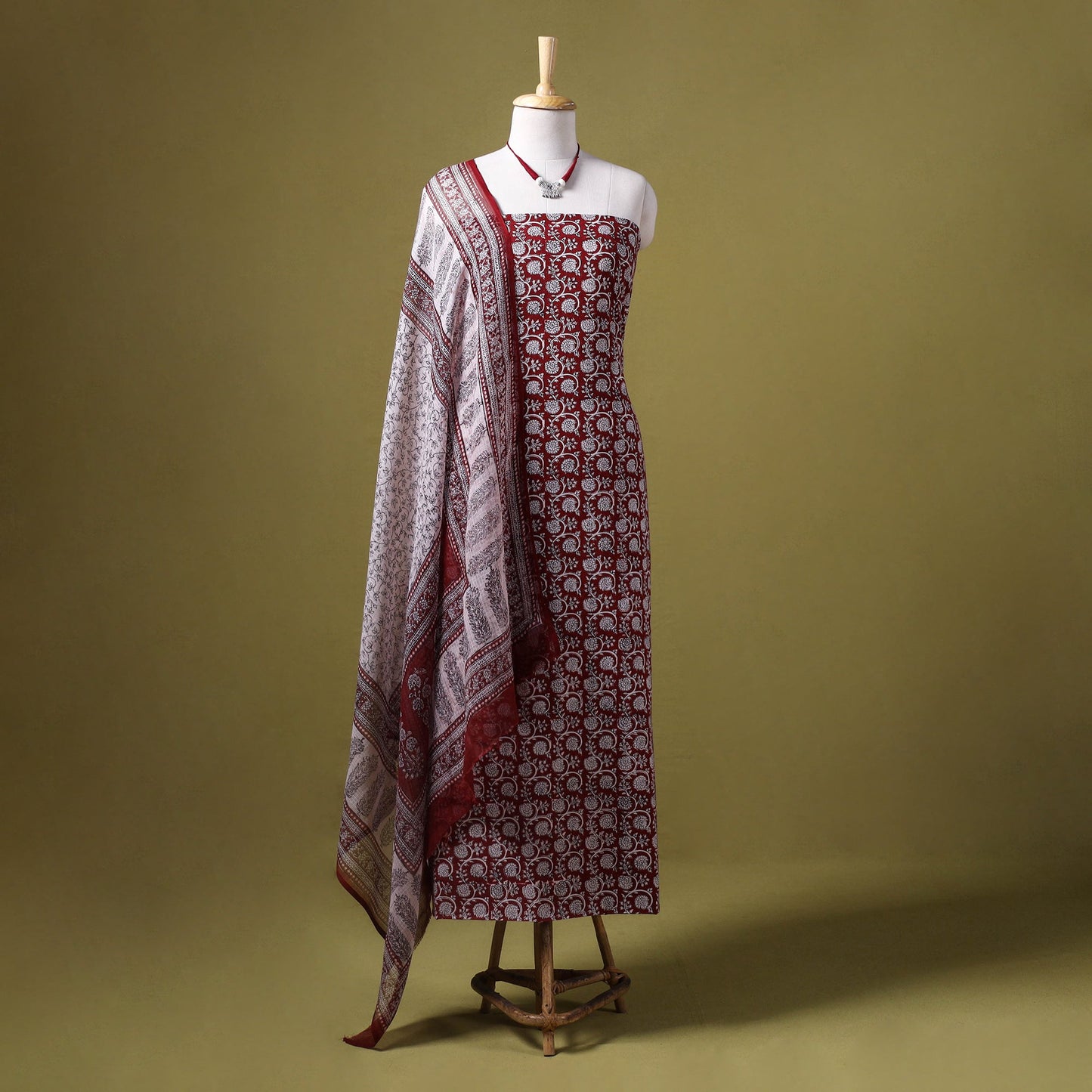 Red 3pc Cotton Bagh Print Dress Material with Jewellery Set 