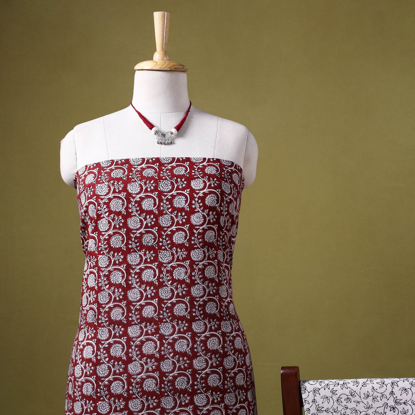 Red 3pc Cotton Bagh Print Dress Material with Jewellery Set 