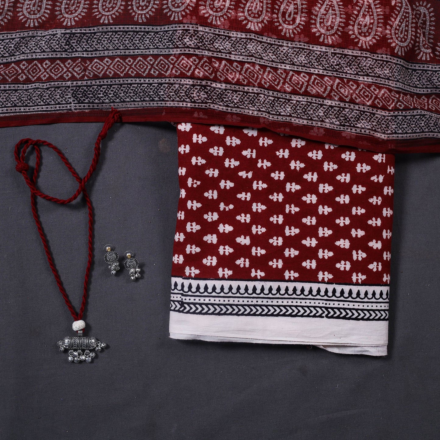 Red 3pc Cotton Bagh Print Dress Material with Jewellery Set 