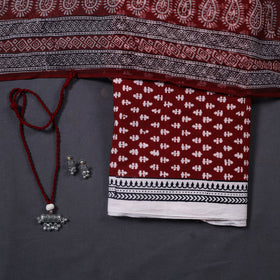 Red 3pc Cotton Bagh Print Dress Material with Jewellery Set 
