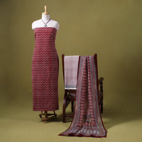 Red 3pc Cotton Bagh Print Dress Material with Jewellery Set 