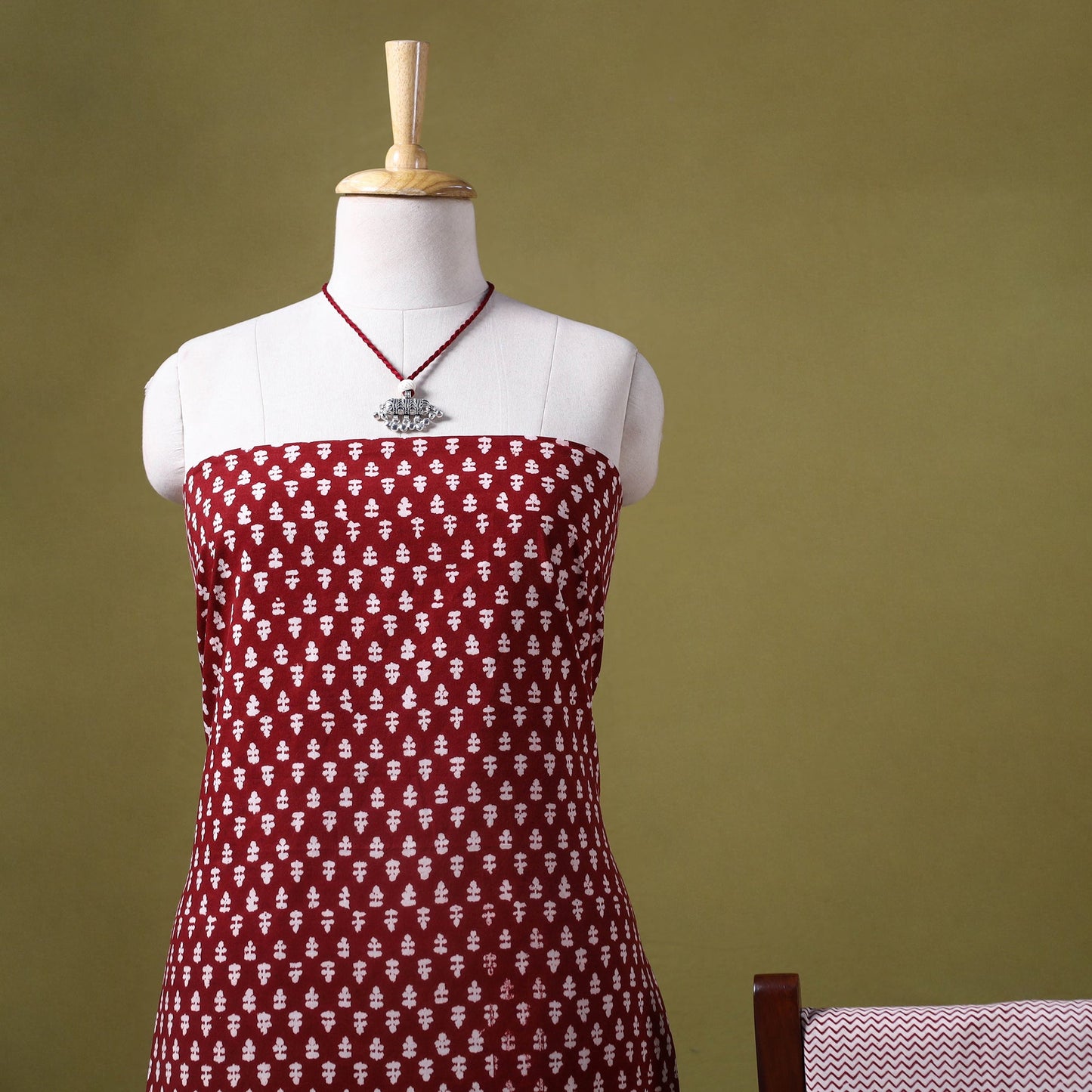 Red 3pc Cotton Bagh Print Dress Material with Jewellery Set 