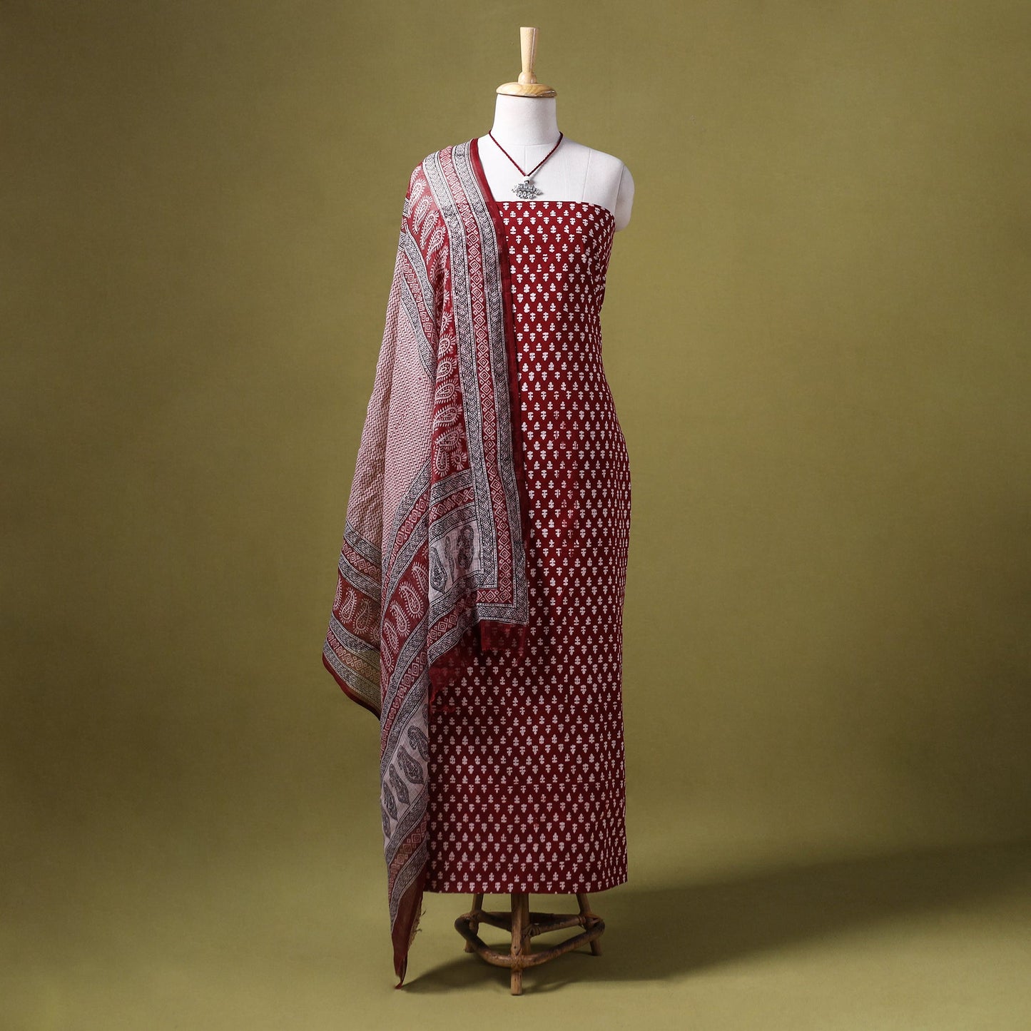 Red 3pc Cotton Bagh Print Dress Material with Jewellery Set 