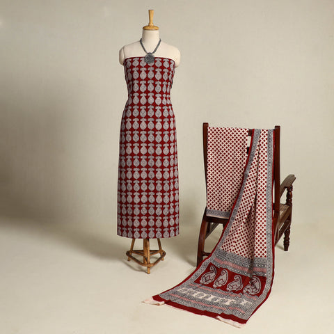 Red 3pc Cotton Bagh Print Suit Material Set