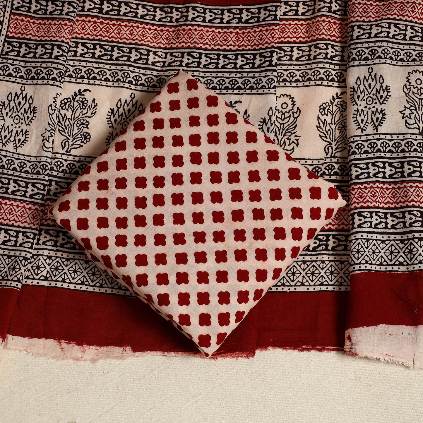 Red 3pc Cotton Bagh Print Suit Material Set