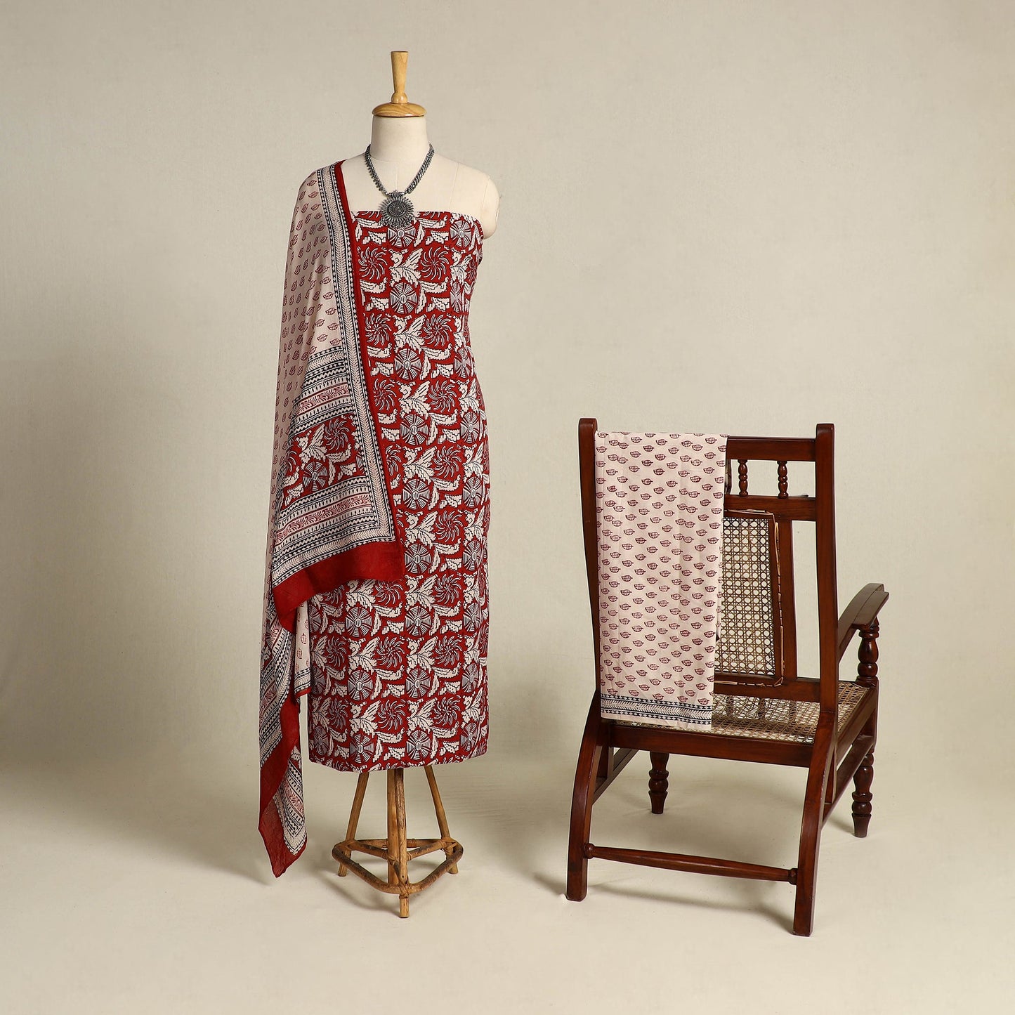 Red 3pc Cotton Bagh Print Suit Material Set