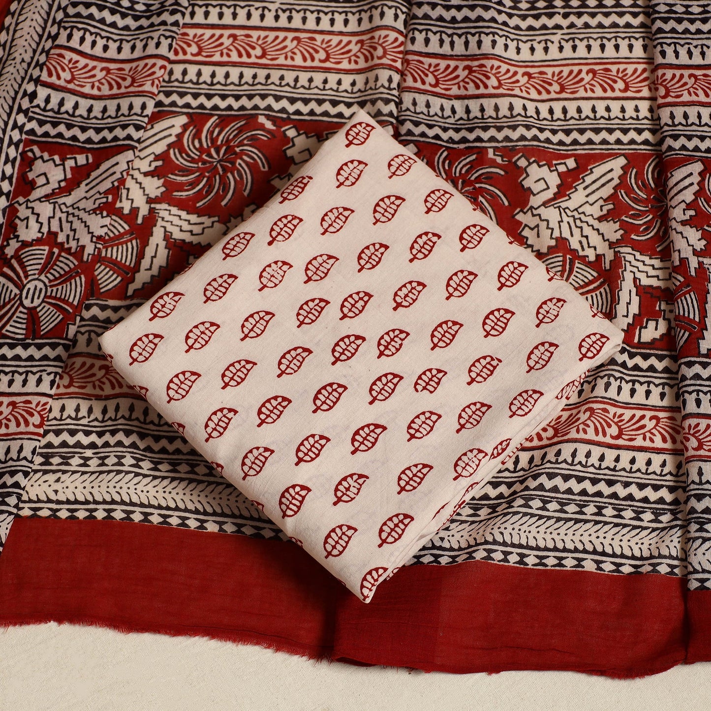 Red 3pc Cotton Bagh Print Suit Material Set