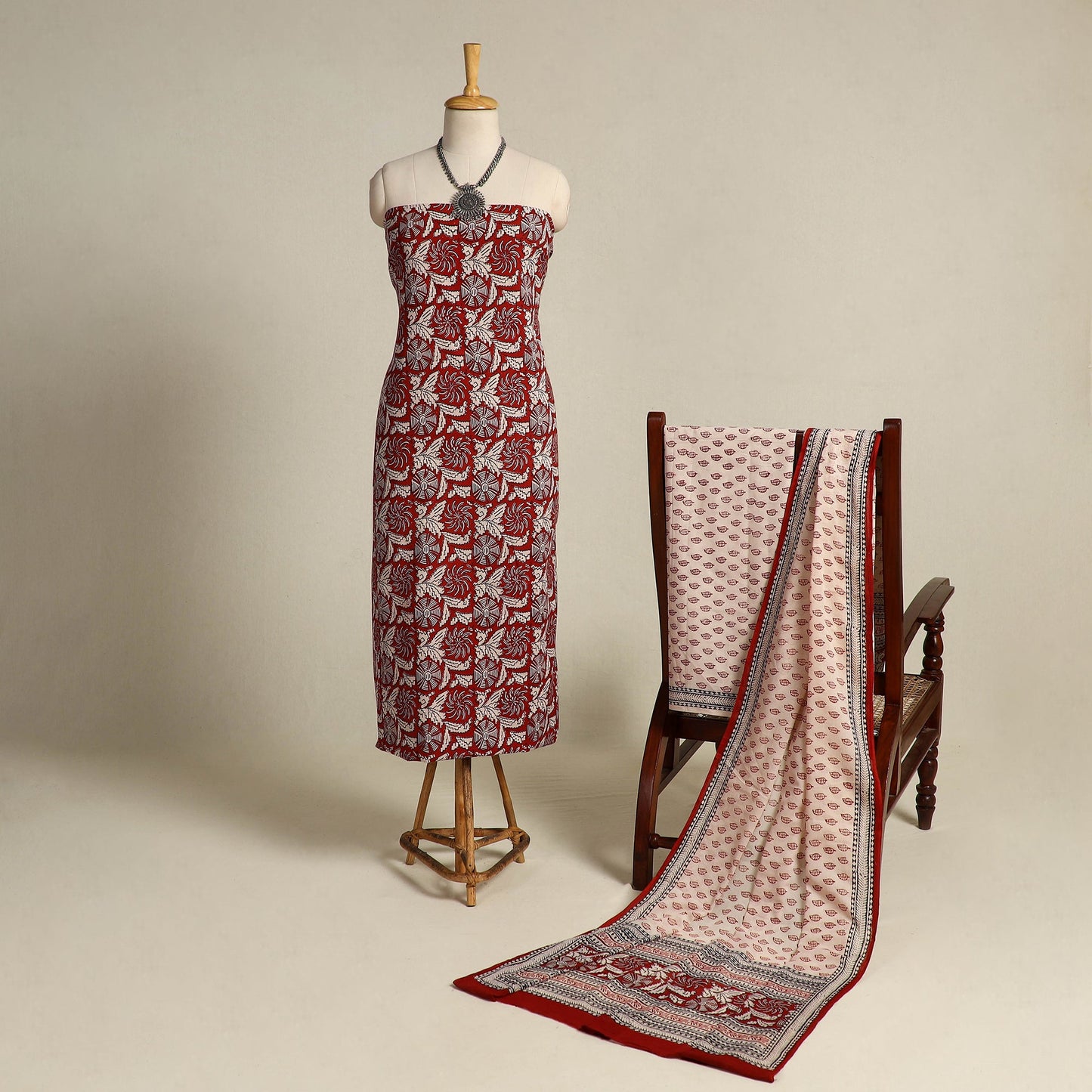 Red 3pc Cotton Bagh Print Suit Material Set