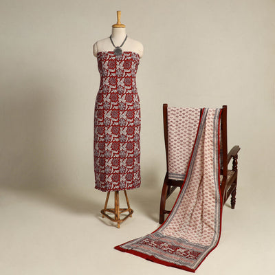 Red 3pc Cotton Bagh Print Suit Material Set
