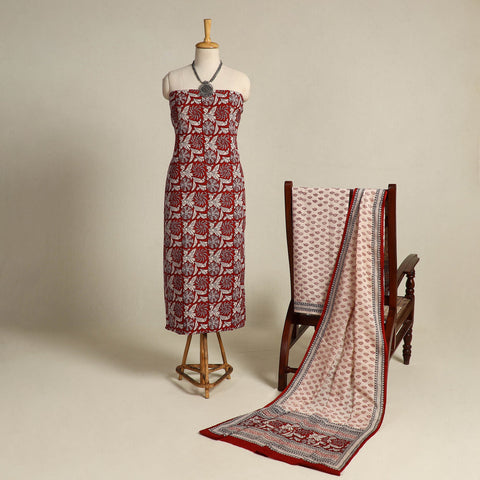 Red 3pc Cotton Bagh Print Suit Material Set