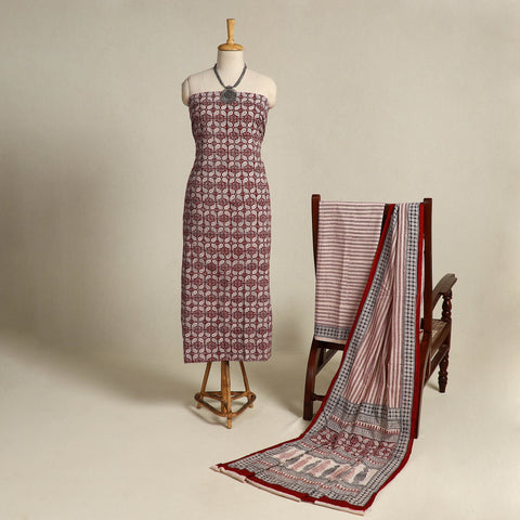 Red 3pc Cotton Bagh Print Suit Material Set