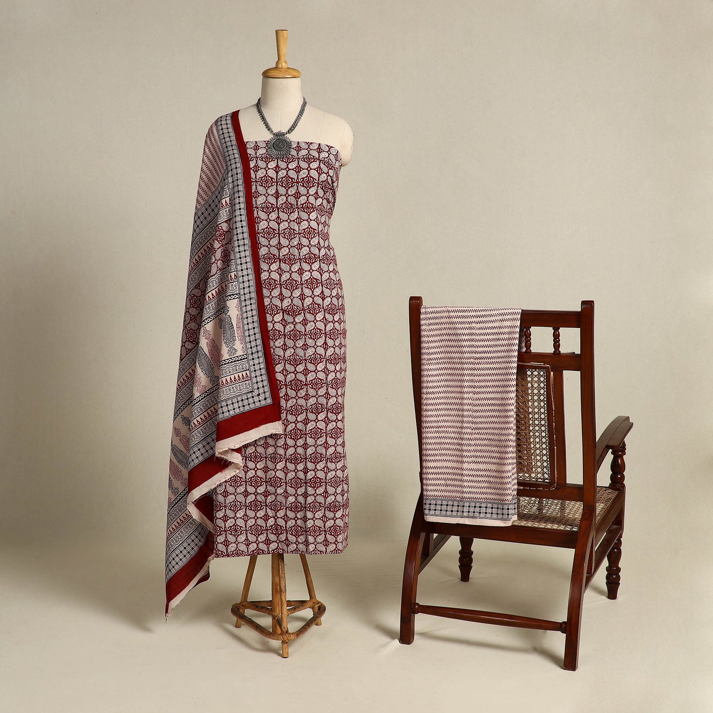 Red 3pc Cotton Bagh Print Suit Material Set