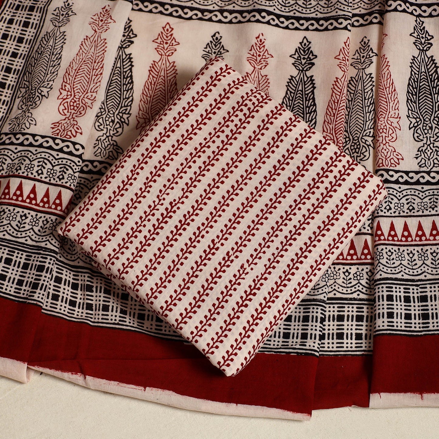 Red 3pc Cotton Bagh Print Suit Material Set