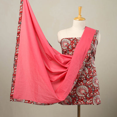 Red - 3pc Cotton Bagru Print Kurta with Plain Dupatta 04
