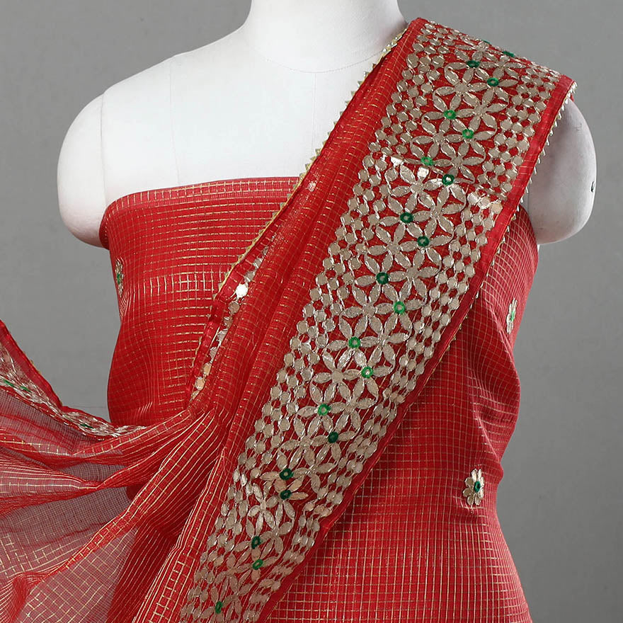 Red 3pc Cotton Gota Patti Work Kota Doria Dress Material