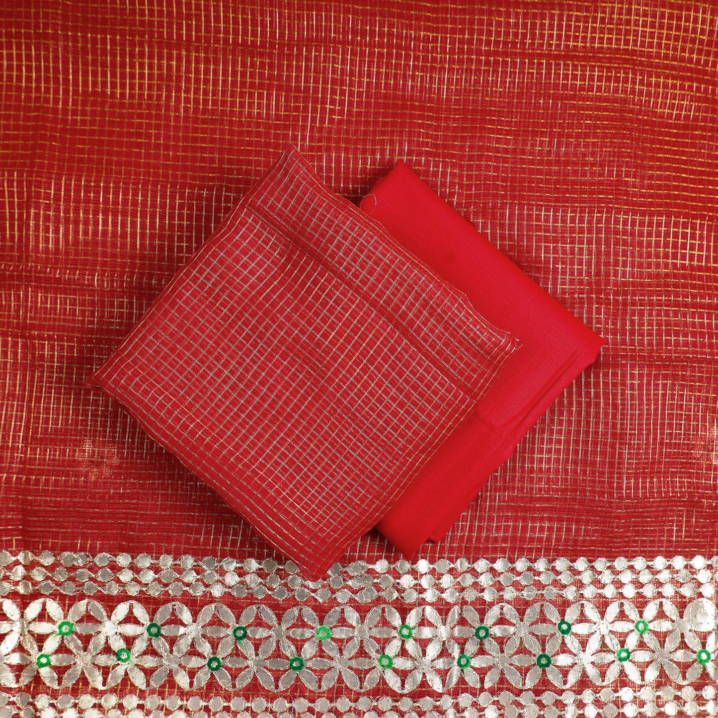 Red 3pc Cotton Gota Patti Work Kota Doria Dress Material