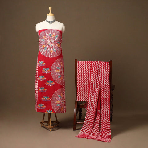 Red 3pc Cotton Indonesian Batik Print Unstitched Dress Material