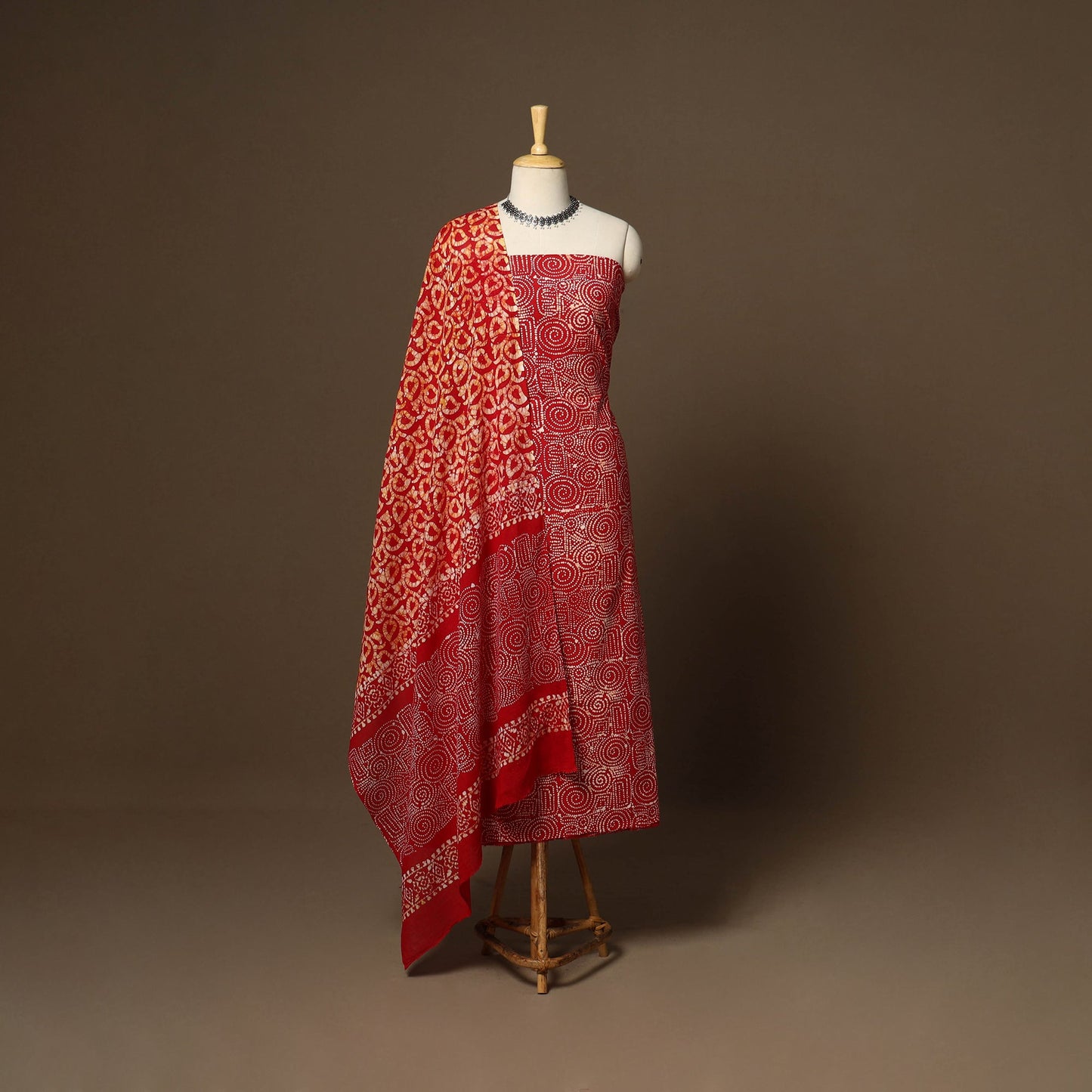 Red - 3pc cotton kutch batik dress material 04 - handcrafted