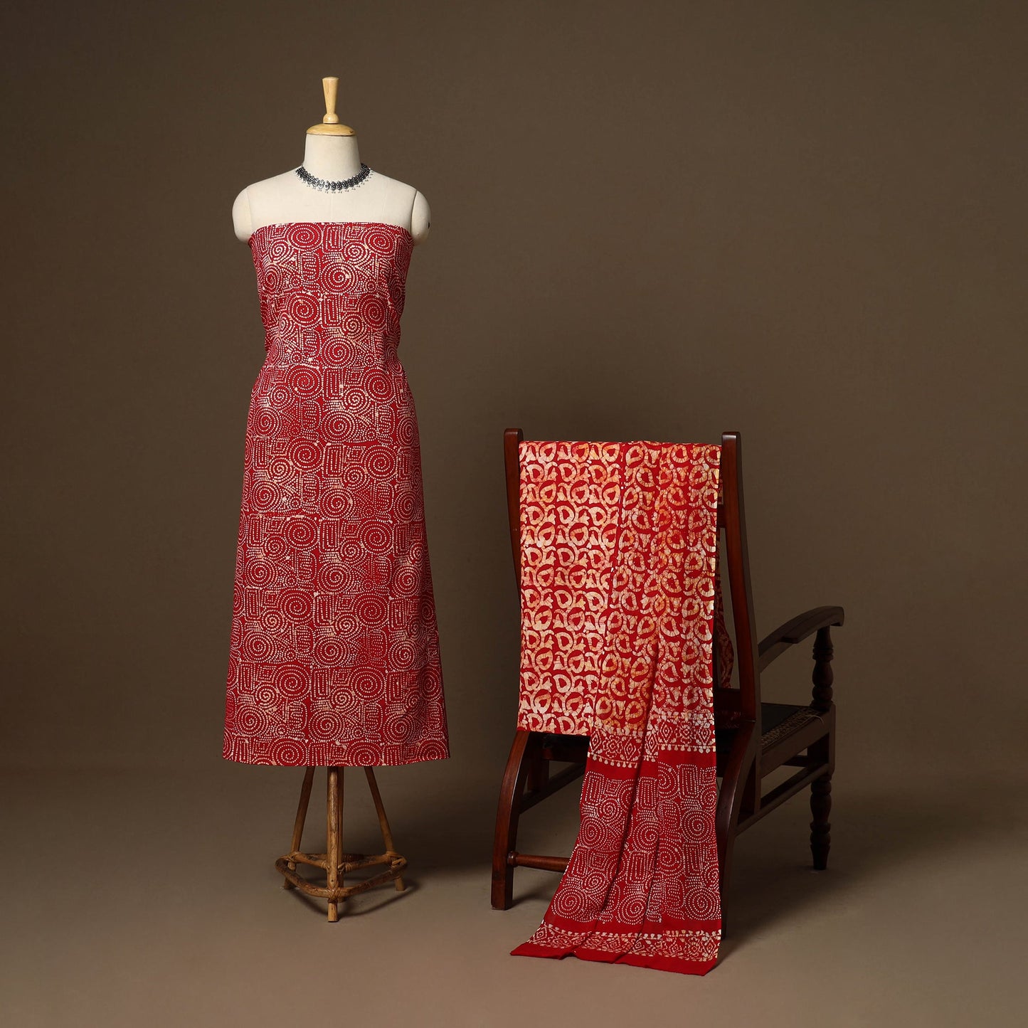 Red - 3pc cotton kutch batik dress material 04 - handcrafted