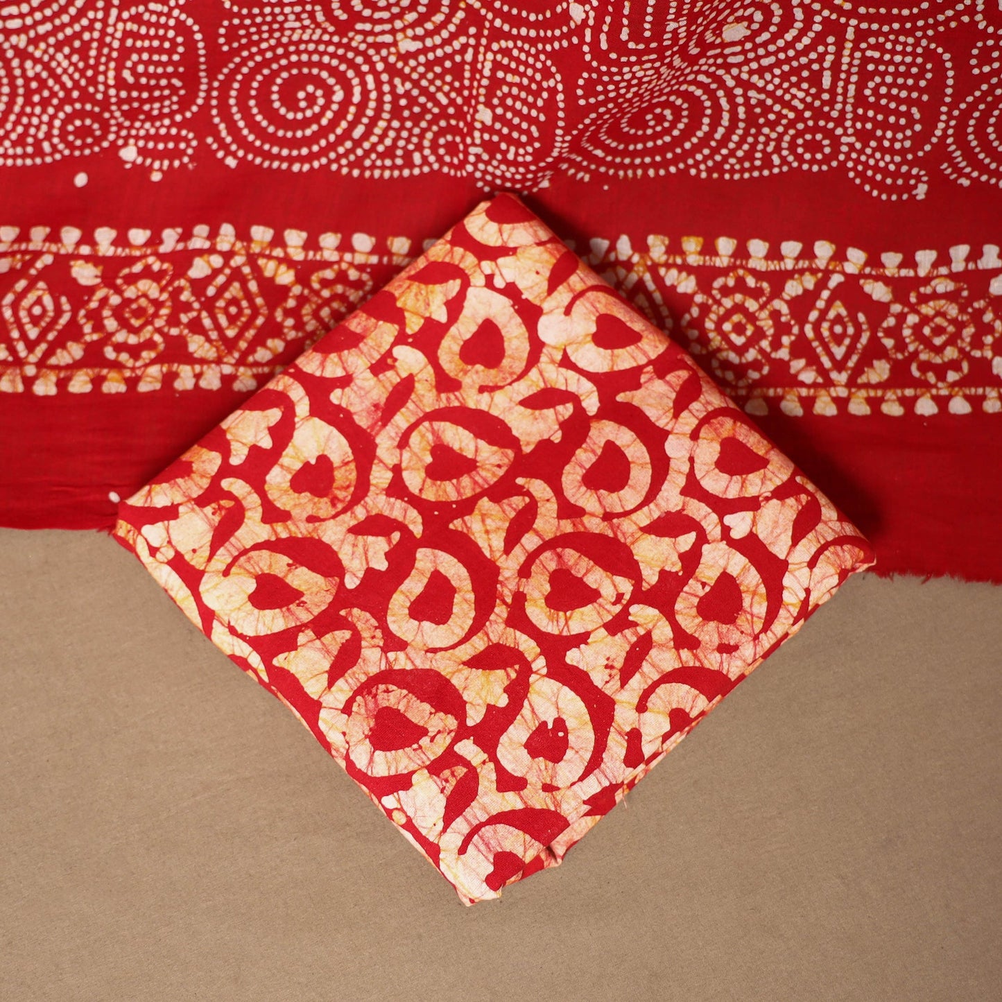 Red - 3pc cotton kutch batik dress material 04 - handcrafted