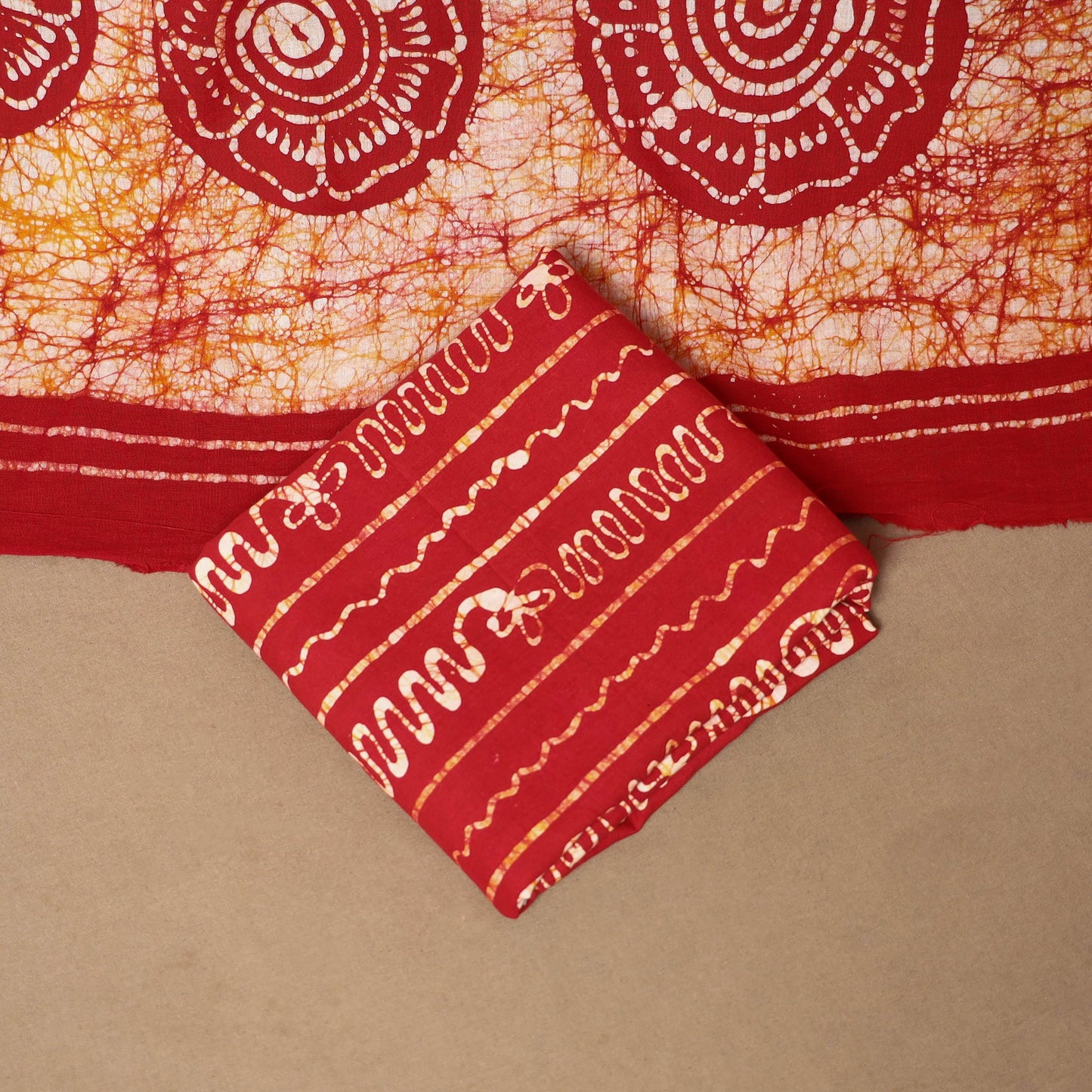 Red - 3pc cotton kutch batik dress material 07 - handcrafted