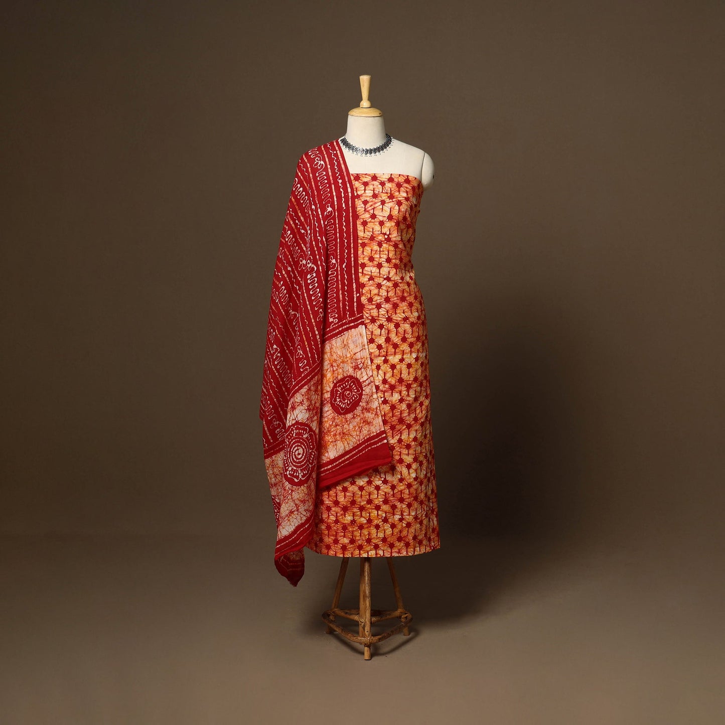 Red - 3pc cotton kutch batik dress material 07 - handcrafted