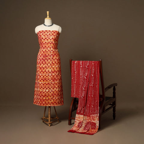 Red - 3pc cotton kutch batik dress material 07 - handcrafted
